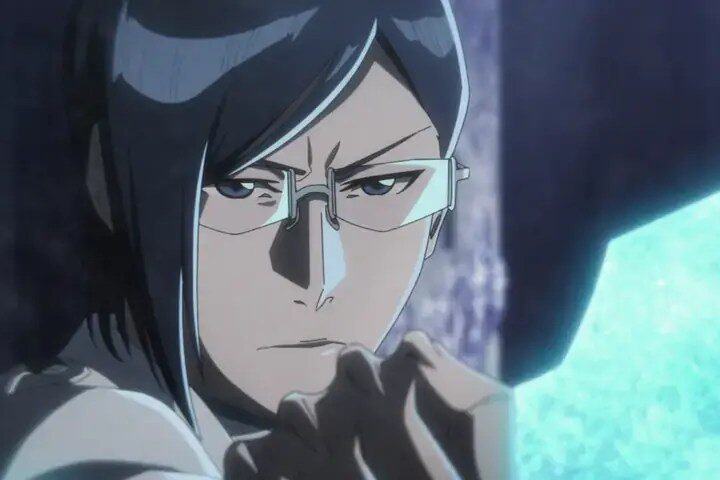 Uryu Ishida aparece em primeiro plano, com expressão concentrada, diante de uma intensa energia azulada em Wahr Welt.