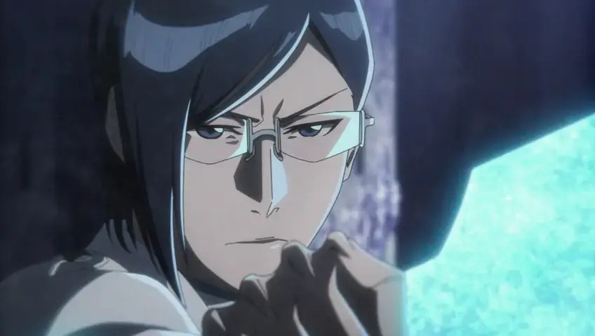 Uryu Ishida aparece em primeiro plano, com expressão concentrada, diante de uma intensa energia azulada em Wahrwelt.
