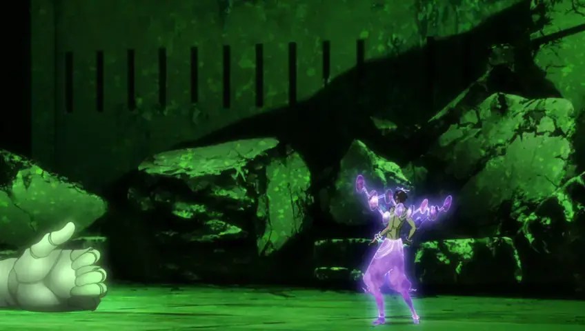 Urahara aparece em primeiro plano dentro do ambiente verde e roxo do Gift Bereich, com a mão erguida diante da energia espiritual.