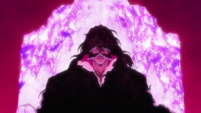 Yhwach aparece sentado em silhueta diante de uma abertura de energia roxa, enquanto Ichigo se aproxima pelo corredor.