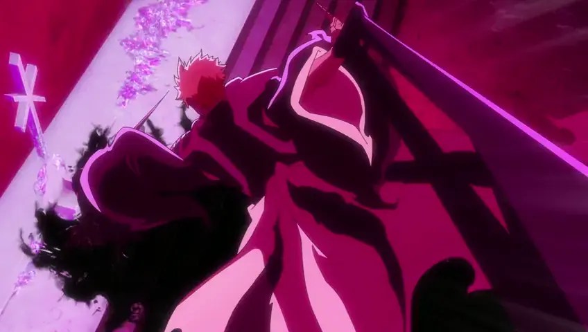 Ichigo aparece em close, com o rosto iluminado em tons magenta e uma expressão determinada.