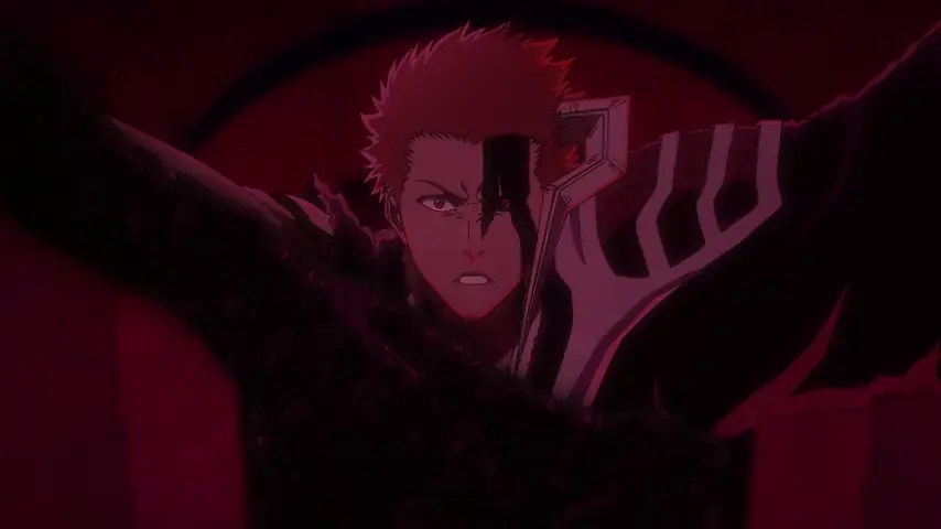 Ichigo aparece ferido e imobilizado por uma massa de energia escura em um salão iluminado por tons vermelhos.