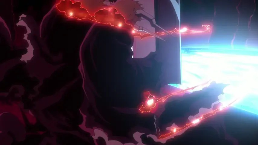 Ichigo surge em meio a correntes de energia vermelha e feixes luminosos dentro da fortaleza.