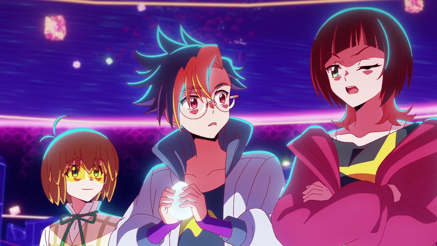 Tomoro, Reina e Makoto aparecem juntos em um ambiente digital iluminado por linhas azuis, acompanhados por seus Digimon.