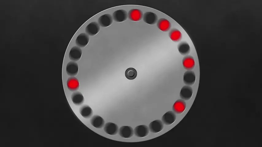 Diagrama circular mostra câmaras numeradas de um revólver, com várias posições marcadas em vermelho.