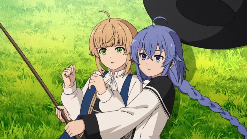 Roxy e Norn pescam juntas à margem de um rio, enquanto Rudeus aparece ao fundo segurando uma vara.