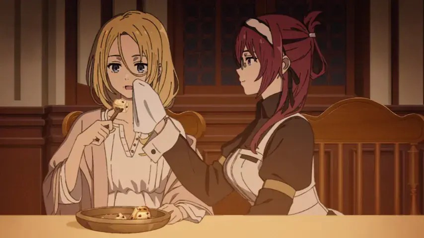 Rudeus, Sylphiette e outras pessoas estão reunidos ao redor de uma mesa durante a comemoração familiar.
