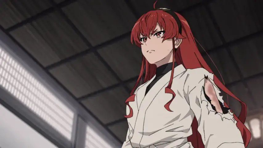 Eris aparece em pé no dojo, diante de Gal Farion, usando roupas brancas de treino manchadas após o combate.