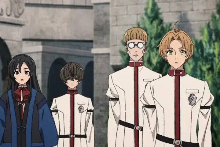 Rudeus, Norn, Nanahoshi e outros personagens aparecem reunidos em uma sala, enquanto uma melancia está sobre a mesa.