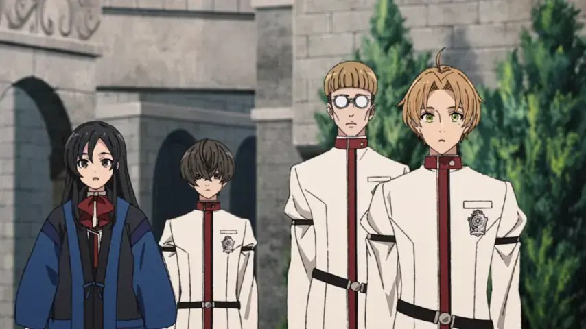 Rudeus, Norn, Nanahoshi e outros personagens aparecem reunidos em uma sala, enquanto uma melancia está sobre a mesa.