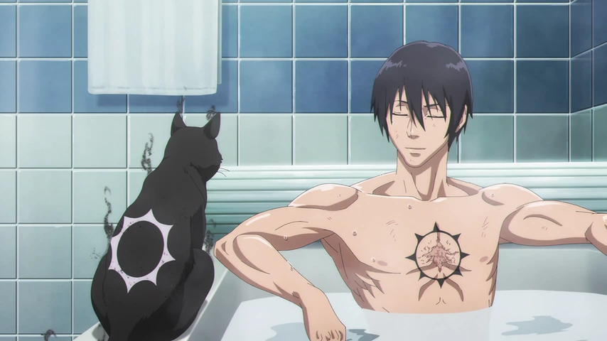 Jiro aparece sentado na banheira diante de Rago, um gato preto sobre a borda.