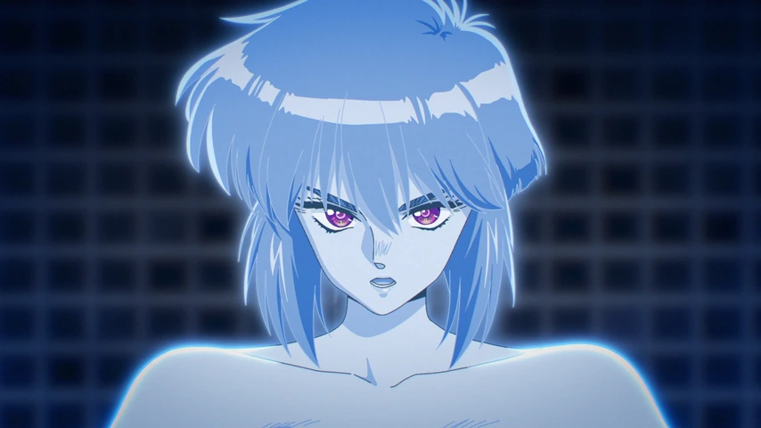Rosto luminoso de uma mulher de cabelos claros, com olhos violeta, diante de um fundo azul escuro.