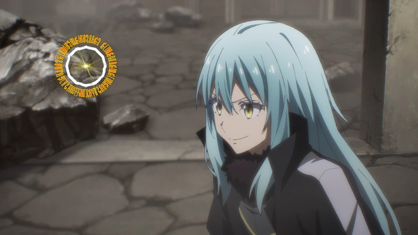 Rimuru, de cabelos azul-claros, observa o campo de batalha entre ruínas.