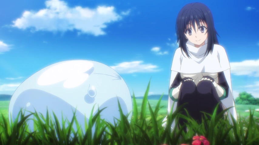 Shizu está de pé em um campo florido ao lado de um slime azul sob o céu aberto.