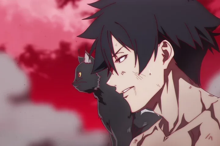 Jiro, ferido e sem camisa, aparece diante do céu vermelho enquanto um gato preto se apoia em seu ombro.