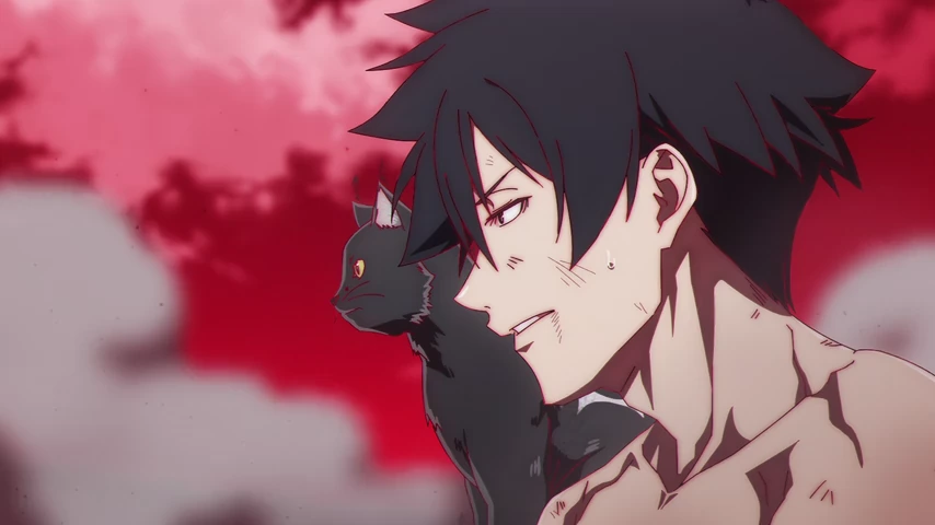 Jiro, ferido e sem camisa, aparece diante do céu vermelho enquanto um gato preto se apoia em seu ombro.