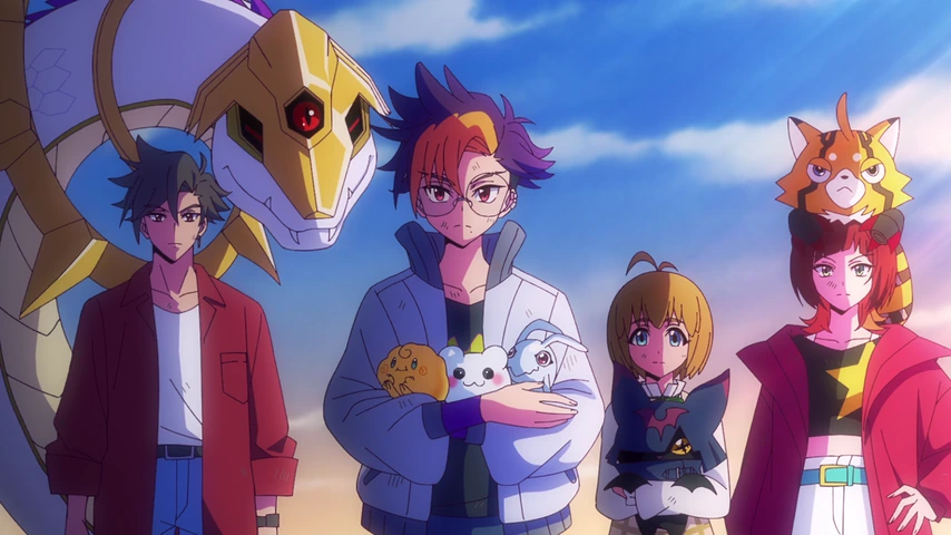 Tomoro está ao lado de outros personagens e Digimon sob uma luz dourada.