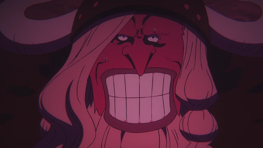 Broggy transformado em uma forma demoníaca, com olhos brilhantes e dentes expostos, sob uma iluminação magenta.