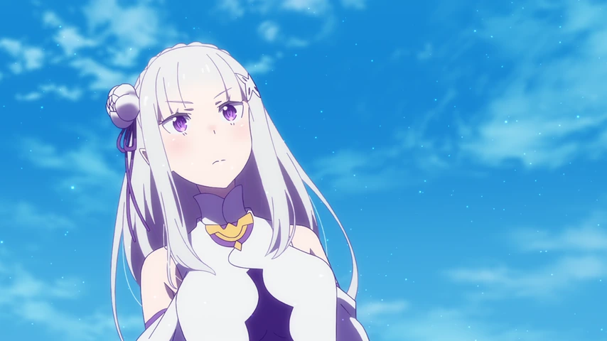 Emilia, de cabelos prateados, aparece diante de um céu azul com expressão séria.