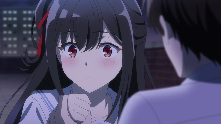 Nagisa aparece em close durante a conversa noturna, com os olhos vermelhos e expressão abatida.
