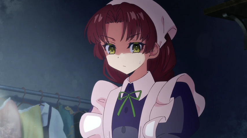 Rinokis aparece em close usando uniforme de criada, com expressão irritada.