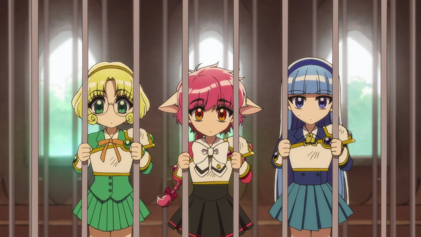 Hikaru, Umi e Fuu aparecem atrás de barras verticais dentro da casa de Presea.