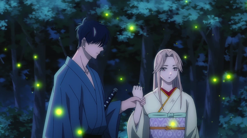 Shinpei e Satoko estão lado a lado em um campo noturno cercado por vagalumes.