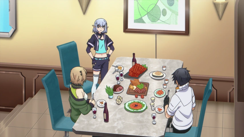 Hiro, Mimi e Elma aparecem juntos ao redor de uma mesa com comida dentro da nave.