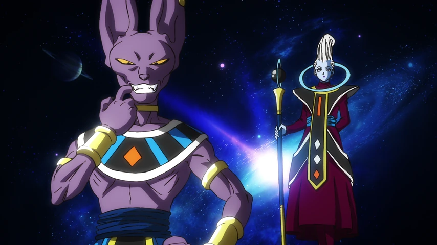 Beerus e Whis aparecem lado a lado em um cenário cósmico escuro.