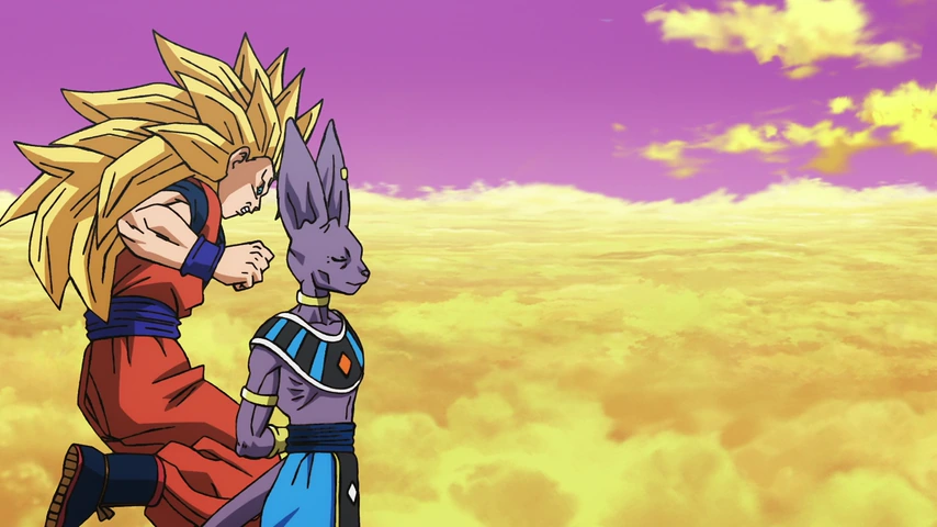 Goku transformado em Super Saiyajin 3 encara Beerus em um campo sob um céu roxo.
