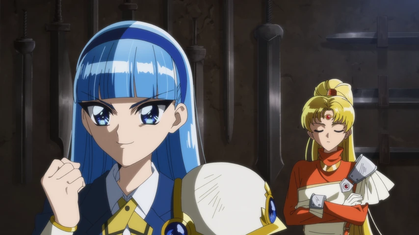 Umi e Hikaru aparecem juntas dentro da oficina de armas de Presea.