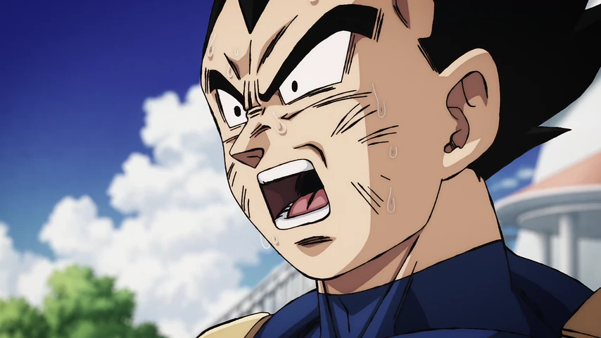 Vegeta aparece em close, gritando com expressão furiosa sob o céu azul.